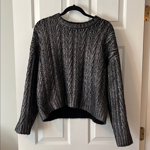 Anthropologie Black and Silver Metallic Cable Knit Sweater - L - Picture 1 of 9